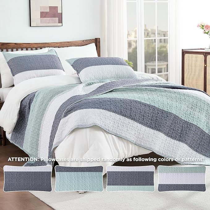 Andency Stripe Quilt Set Twin, 2 Pieces Mint Green Patchwork Striped Bedspread - Image 4