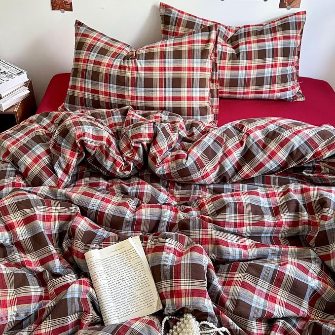 mixinni Vintage Red & Brown Buffalo Plaid Duvet Cover Set Queen Size - Image 9