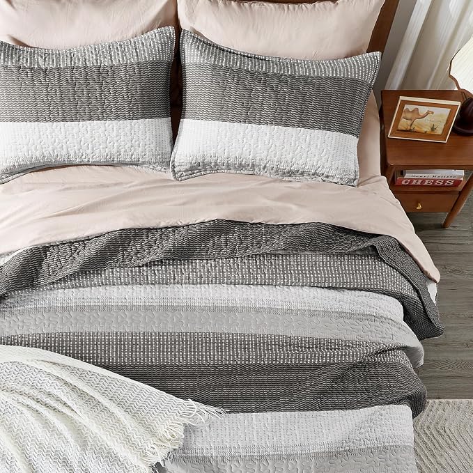 Andency Queen Quilt Bedding Set Dark Grey, 3 Pieces Patchwork Summer Striped - Image 7