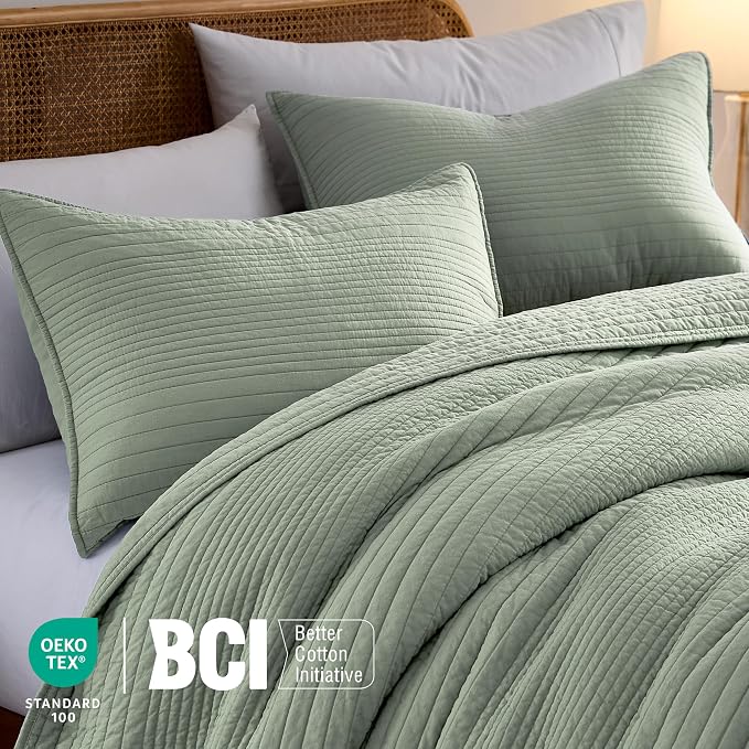 PALASSIO Striped Sage Green 100% Cotton Quilt California Cal King Size Bedding - Image 3