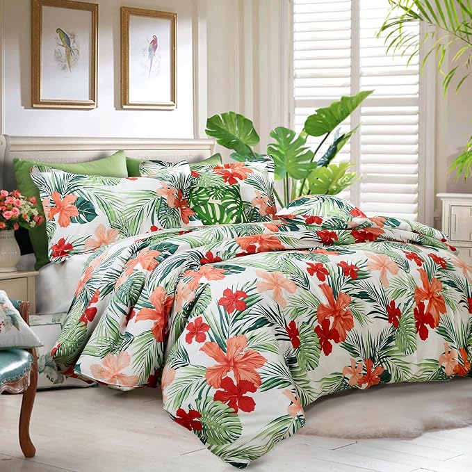 FADFAY Green Duvet Cover 100% Cotton Tropical Bedding Red Hibiscus Flower & - Image 2
