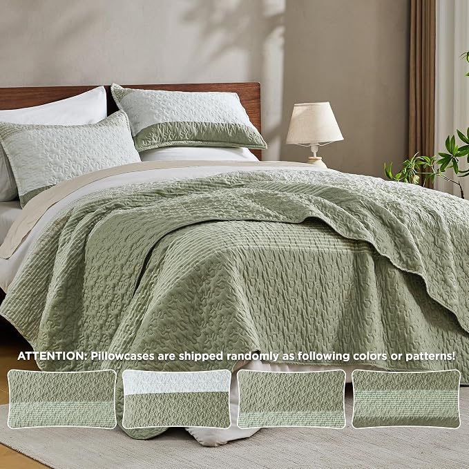 Andency Queen Quilt Bedding Set Weat Green, 3 Pieces Patchwork Summer Striped - Image 3