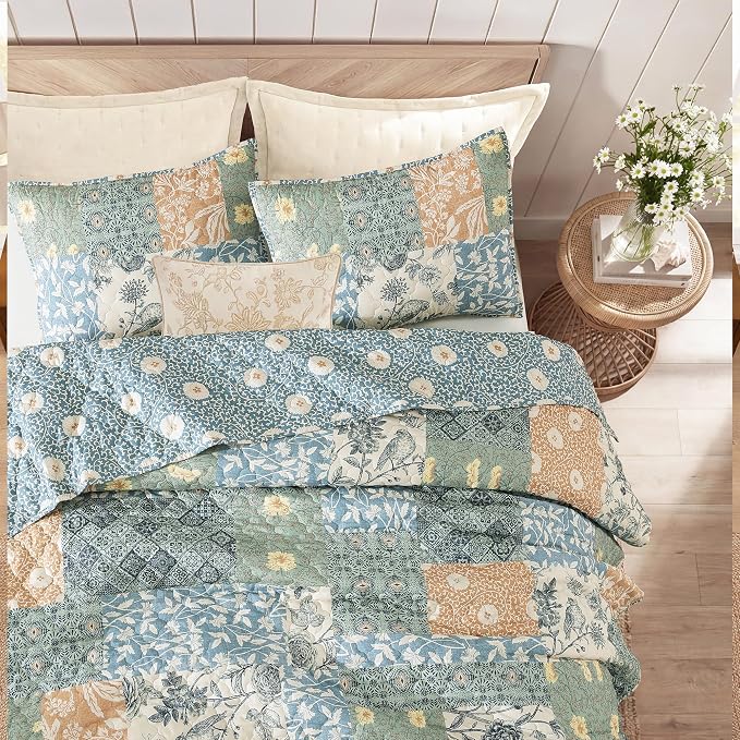 BLOOMHAVEN Quilt Set King Size, Patchwork Green Floral Quilt Sets, Reversible - Image 7