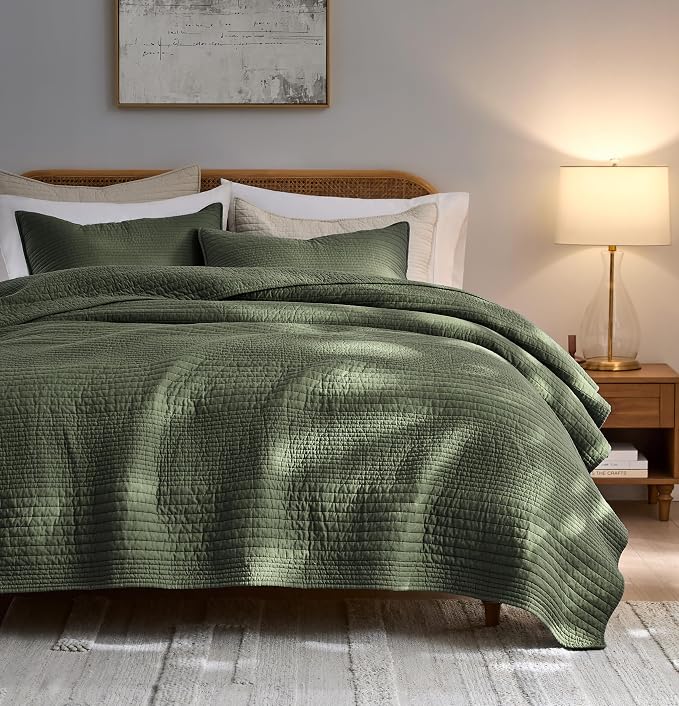 palassio Striped Olive Green 100% Cotton Quilt Queen Size Bedding Sets by PALASSIO