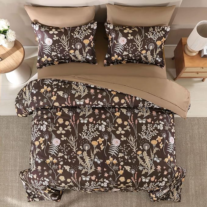 Yiran Brown Comforter Set King Size, 7 Piece Floral Comforter Bedding Set - Image 3