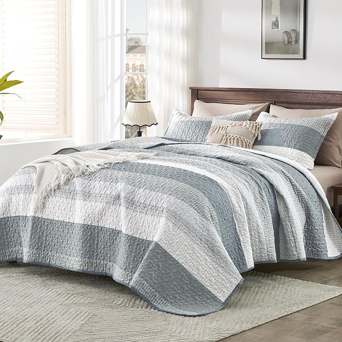 Andency Grey Striped Quilt King, 3 Pieces Patchwork Bedspread Coverlet Set - Image 2