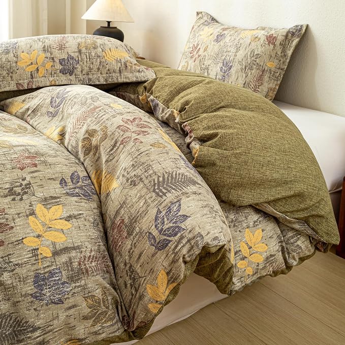 OAITE Green Leaves Queen Size Duvet Cover-3 Pieces Prewashed Cotton-Like - Image 3