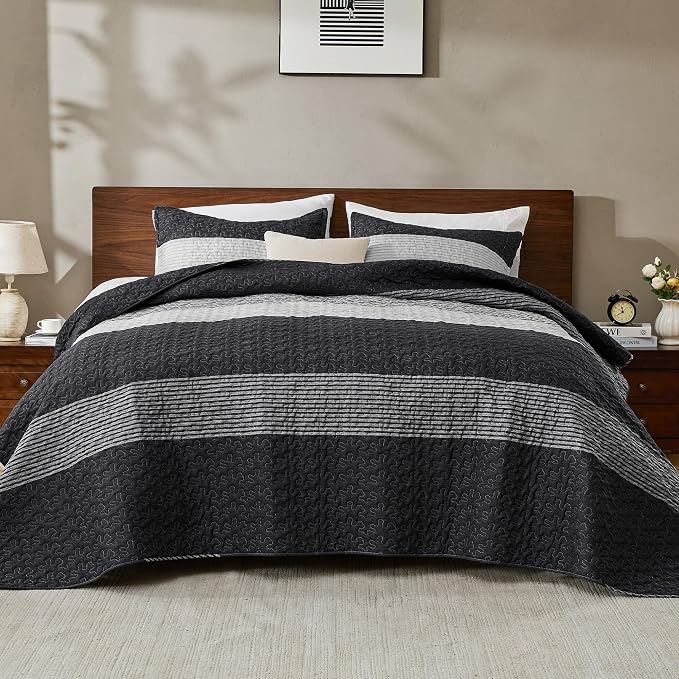 Andency Queen Quilt Set Black and White, 3 Pieces Grey Striped Ultra Soft - Image 3