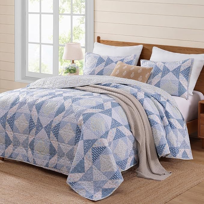 BLOOMHAVEN Quilt Set Twin Size, Patchwork Blue Marigold Floral Quilt Sets - Image 7