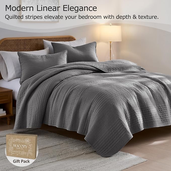 palassio Striped Dark Grey 100% Cotton Quilt Twin Size Bedding Sets, - Image 2