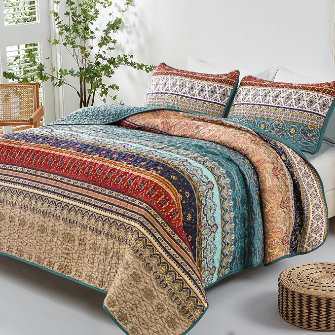 WONGS BEDDING Boho King Quilt Set, Lightweight Microfiber Bed Decor Bedspread - Image 2