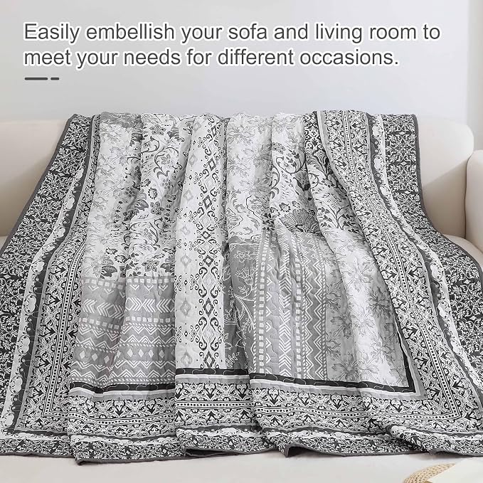 WONGS BEDDING Grey Quilt Set King Size, Bohemian Floral Patchwork Bedspread - Image 7
