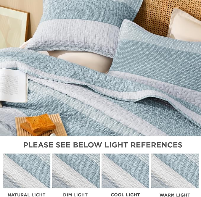Litanika Quilt King Size Spa Blue, Stripe Patchwork Summer Bedspread Coverlet 3 - Image 6