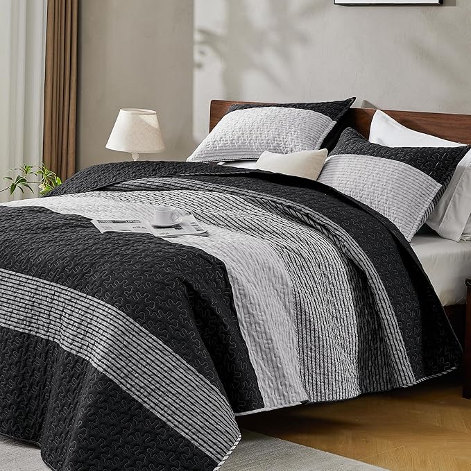 Andency Queen Quilt Set Black and White, 3 Pieces Grey Striped Ultra Soft by Andency