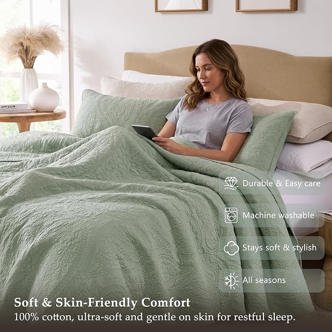 palassio Sage Green Paisley 100% Cotton Quilt Twin Size Bedding Sets - Image 5