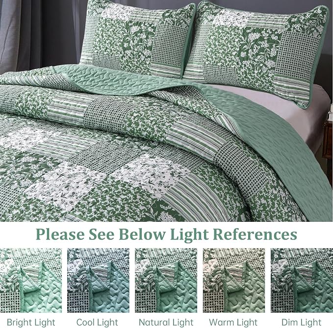 Mybedsoul Green Boho Queen Quilt Set, 3-Piece Reversible Soft Plaid Floral - Image 4