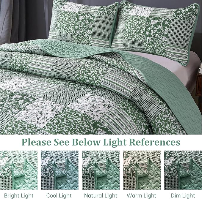 Mybedsoul Sage Green Boho King Quilt Set, 3-Piece Reversible Soft Plaid Floral - Image 4