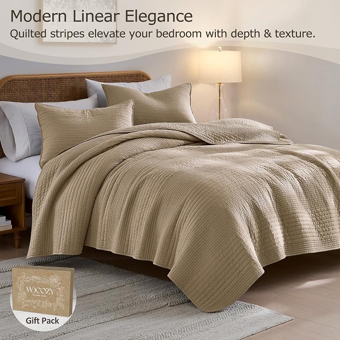 palassio Striped Dark Beige 100% Cotton Quilt Twin Size Bedding Sets, - Image 2