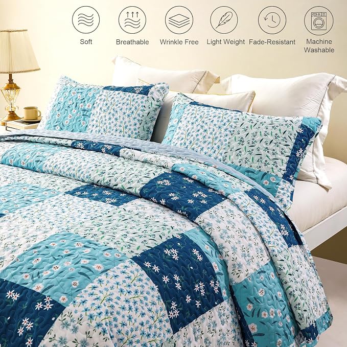 Whale Flotilla Patchwork Quilt Twin Size, Extra Soft Boho Floral Bedspreads - Image 4