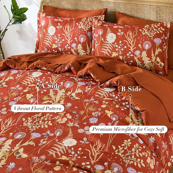 Yiran Queen Comforter Set 7 Piece, Burnt Orange Floral Bedding Set, Bed in a - Image 2