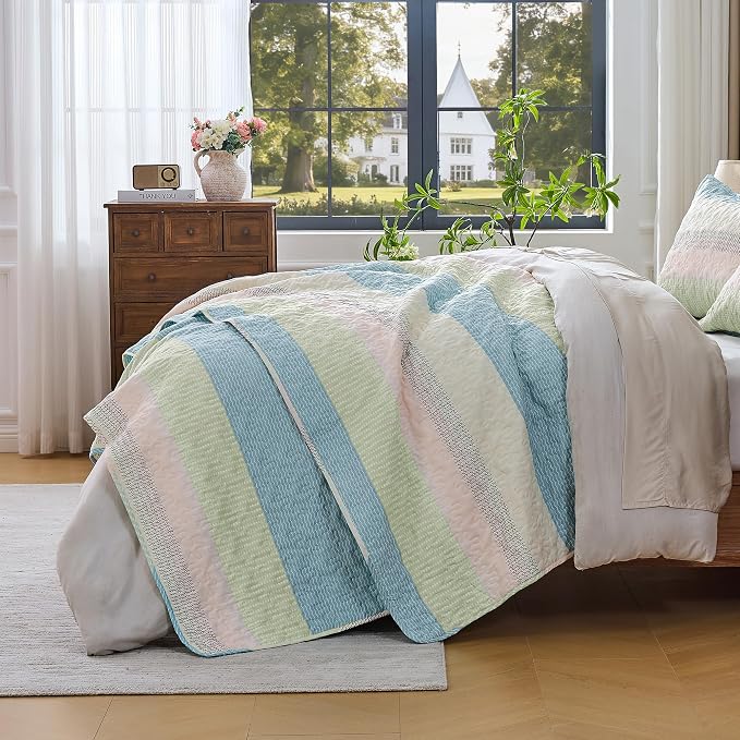 Andency California King Quilt Set Blue Pink, 3 Pieces Ultra Soft Lightweight - Image 2