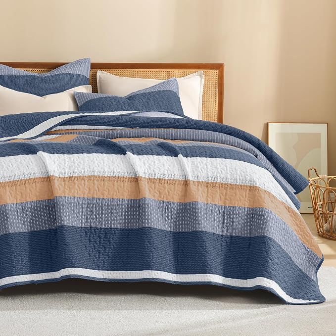 Litanika Quilt Queen Size BlueO, Stripe Patchwork Summer Bedspread Coverlet 3 - Image 8