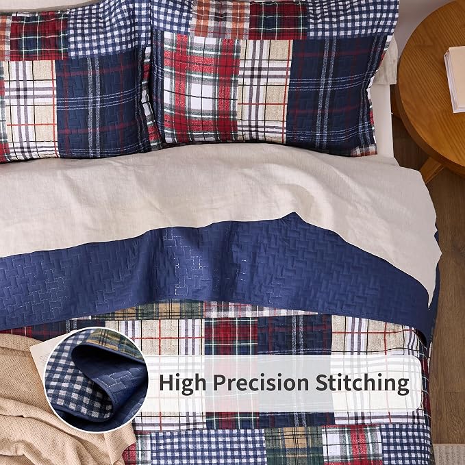 PPOLCA Patchwork King Quilt Bedding Set, Plaid Lightweight Reversible Bedspread - Image 3
