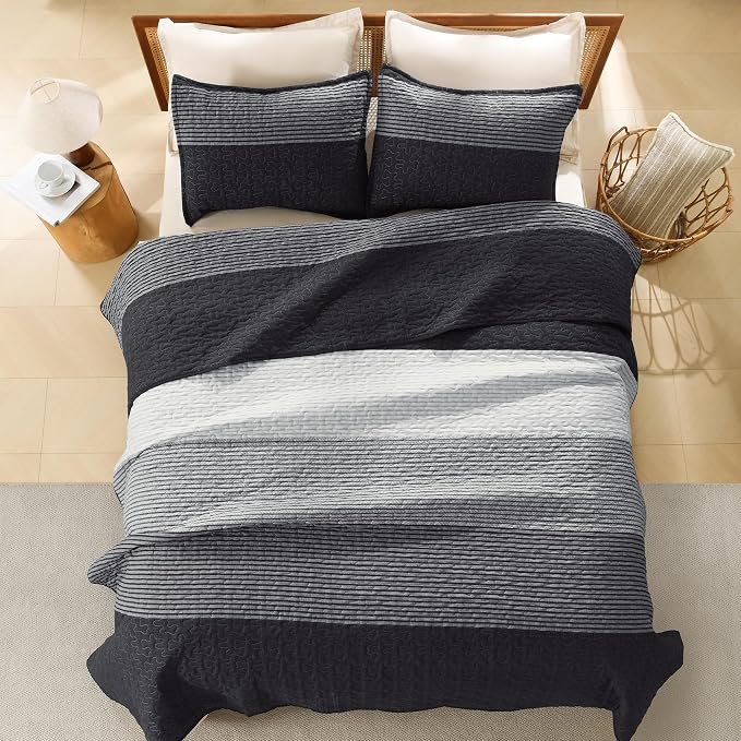 Litanika Oversized King Quilt Set Black and White, 120x98 Stripe Bedspread - Image 3