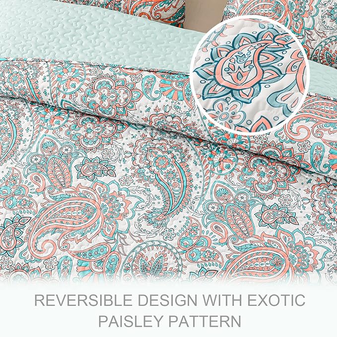 Exclusivo Mezcla Reversible Boho Quilts Queen Size, Aqua Bedspreads Lightweight - Image 3