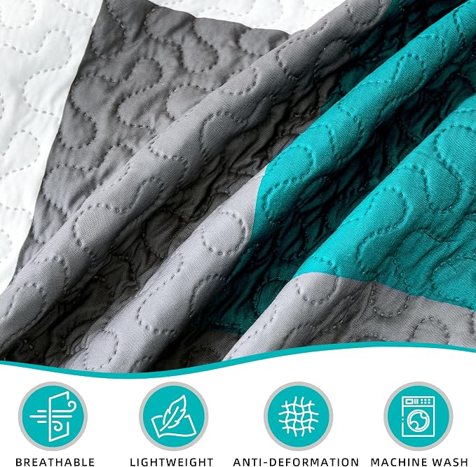 Tyrot 3 Piece Teal/Turquoise Quilt Set Full/Queen Size Black Grey Geometric - Image 6