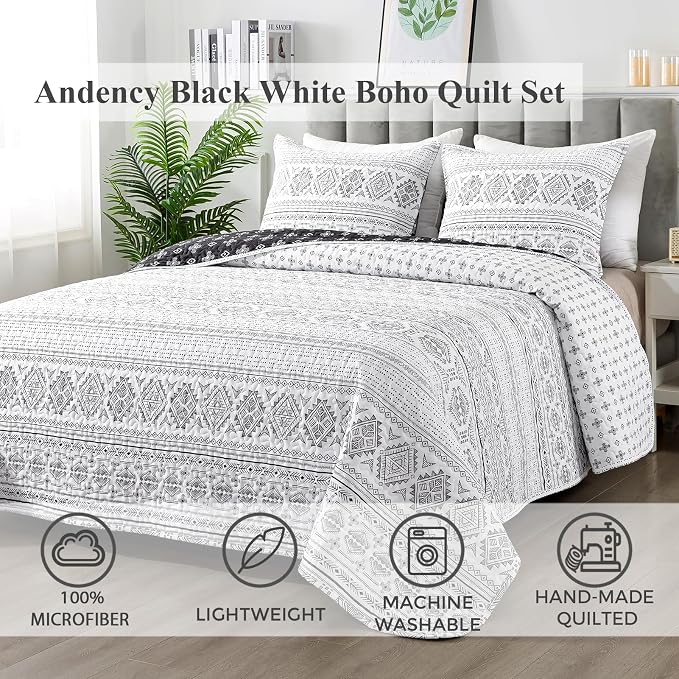 Andency Black White California King Quilt Set, 3 Pieces Boho Lightweight Soft - Image 2
