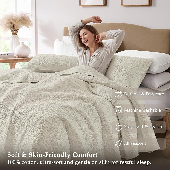 palassio Beige Paisley 100% Cotton Quilt Queen Size Bedding Sets - Image 5