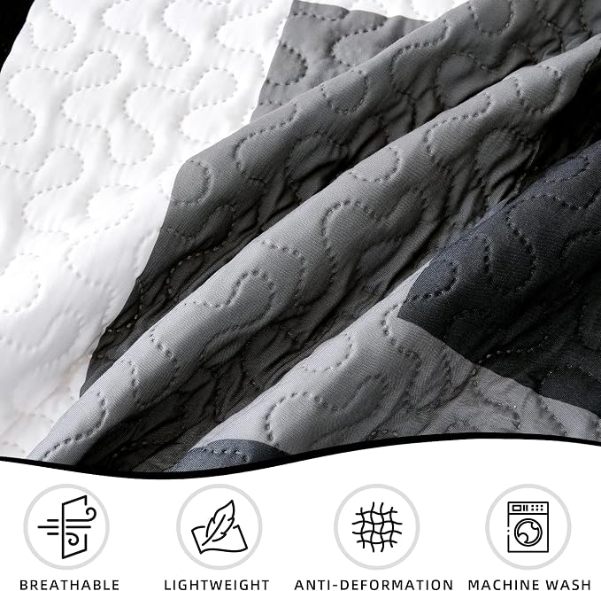 Tyrot 3 Piece Black Grey Quilt Set Full/Queen Size Black White Geometric - Image 6