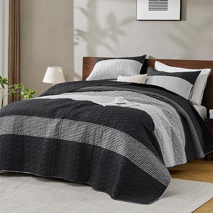 Andency California King Quilt Set Black and White, 3 Pieces Grey Ultra Soft - Image 8