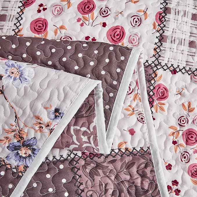 Patchwork Quilt Set King Size, 3 Pieces Brown Floral Plaid Summer Bedspread - Image 5