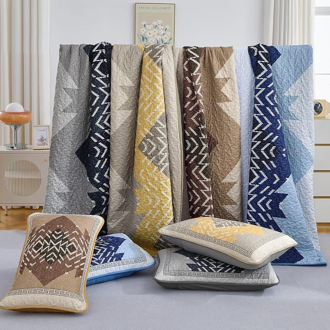 Dintszyayue Blue Quilt Set Queen Size, 3 Pieces Aztec Texture Bedding Coverlet - Image 8