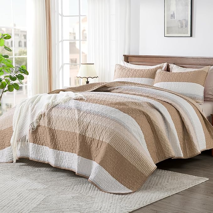 Andency Taupe Striped Quilt King, 3 Pieces Patchwork Bedspread Coverlet Set - Image 6