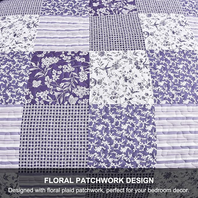 Mybedsoul Purple Quilt Set California King Size, 3 Pieces Boho Plaid Floral - Image 7