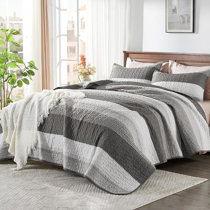 Andency Oversized King Quilt Bedding Set, 120x98Inch Dark Grey Stripe Super - Image 2