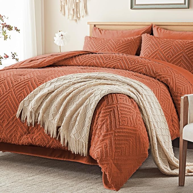 Zzlpp King Comforter Set 7 Pieces, Burnt Orange Tufted Bed in a Bag - Image 2
