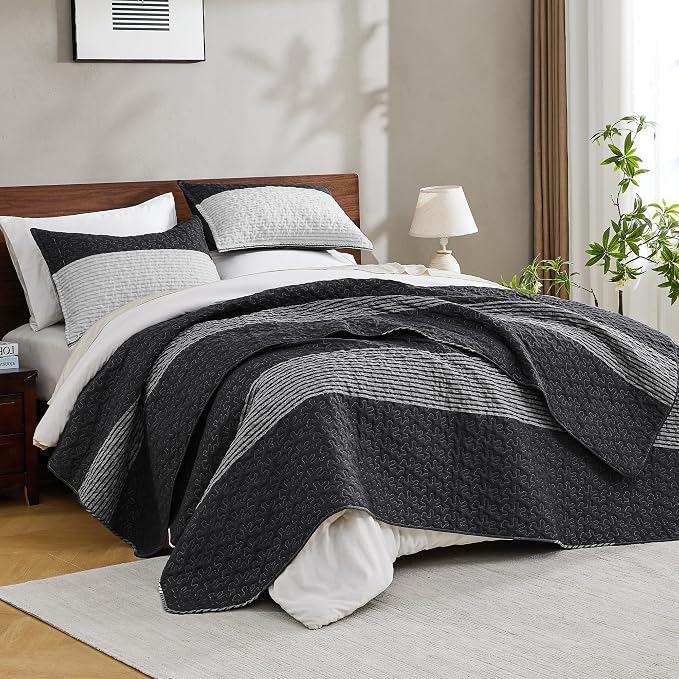Andency Oversized King Quilt Set Black White, 120x120 Stripe Super King - Image 2