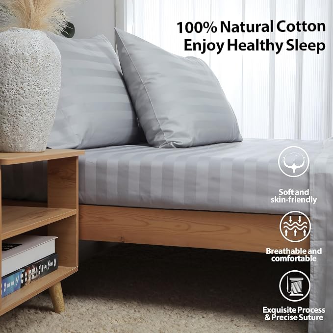 King Size Striped Fitted Sheet Only Gray Color, 100% Egyptian Cotton 600 Thread - Image 3