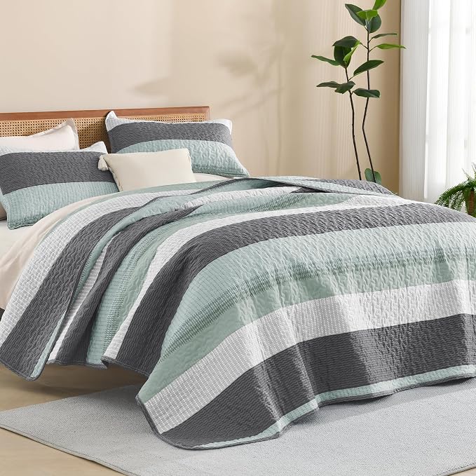 Litanika Twin Quilt Set Sage Green, 68x86 Stripe Bedspread Coverlet 2 Pieces by Litanika