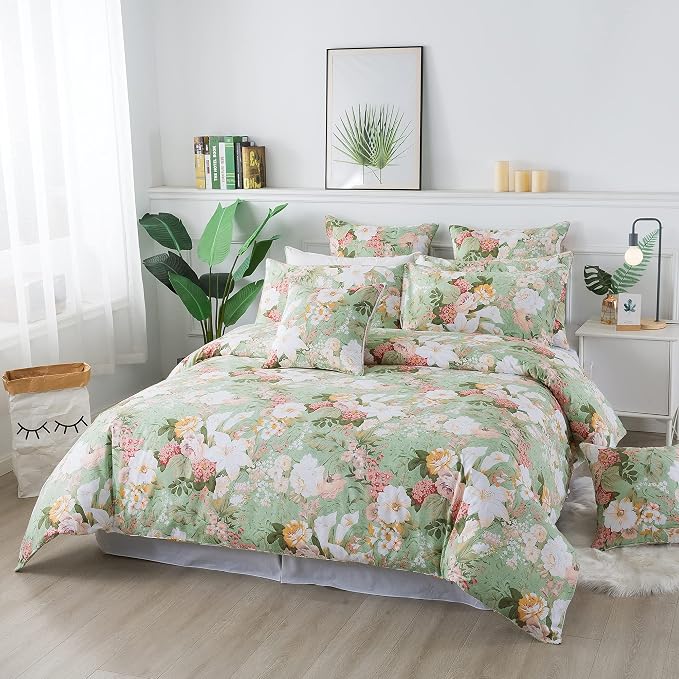 FADFAY Mint Green Floral Duvet Cover Set 100% Cotton Farmhouse Bedding Elegant - Image 8