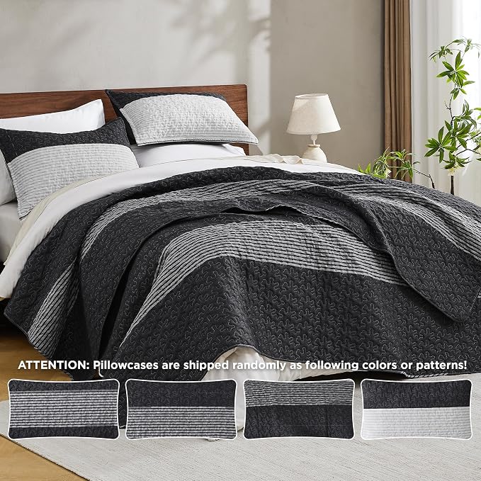 Andency Oversized King Quilt Bedding Set, 120x98Inch Black White Stripe - Image 7