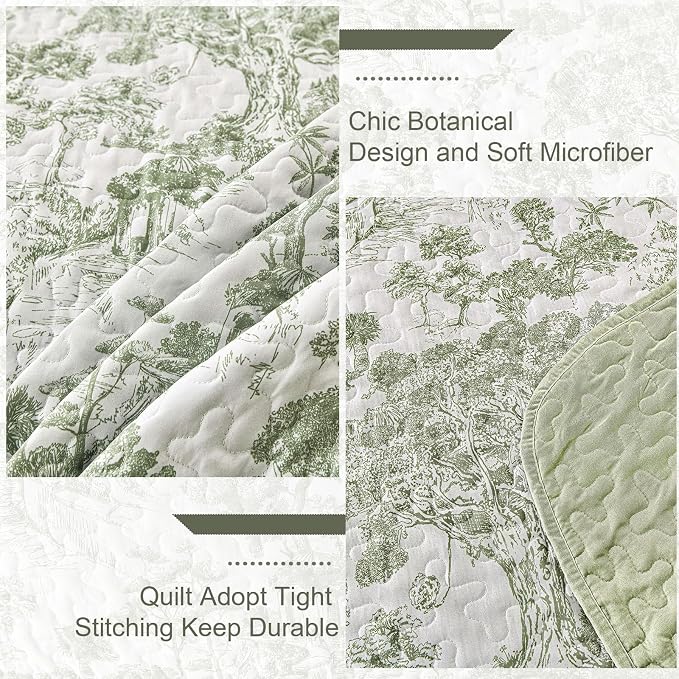 WONGS BEDDING Botanical Quilt Set Full Size, Sage Green 3 Pieces Toile Floral - Image 5