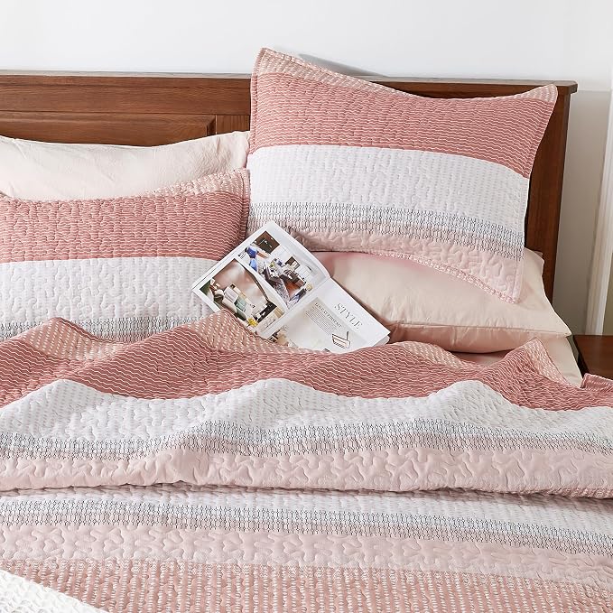 Andency Queen Quilt Bedding Set Blush Pink, 3 Pieces Patchwork Summer Striped - Image 3