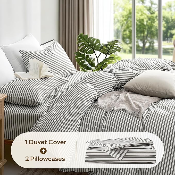 JELLYMONI 100% Natural Cotton 3pcs Striped Duvet Cover Sets, - Image 6