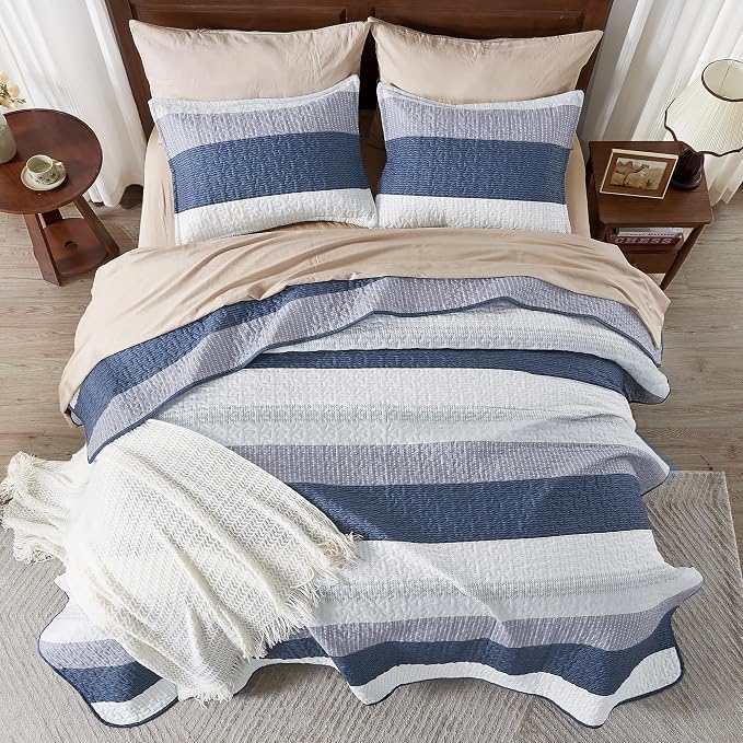 Andency Oversized Queen Quilt Bedding Set, 98x98Inch Mineral Blue Stripe - Image 6