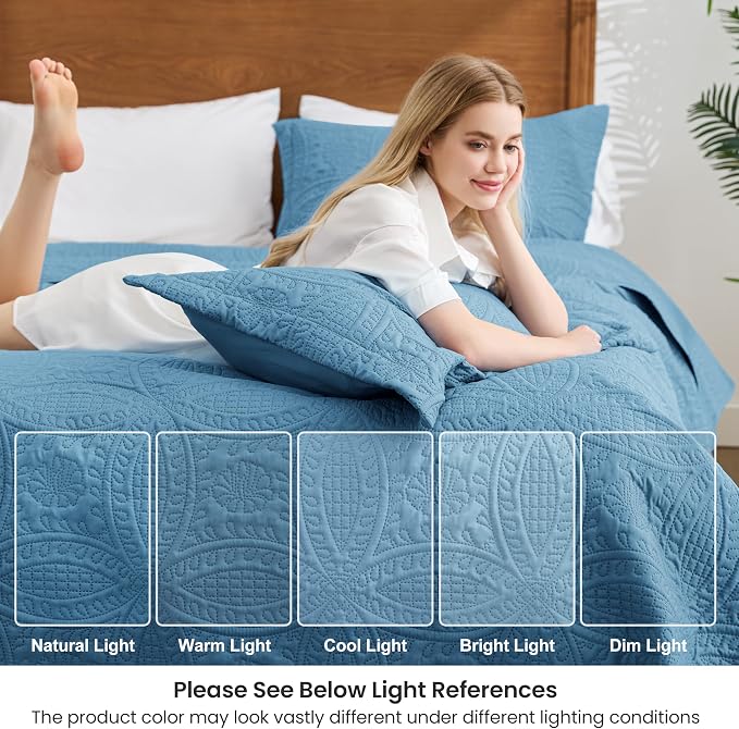 Love's cabin King Size Quilt Bedding Set Misty Blue Bedspreads - Image 6